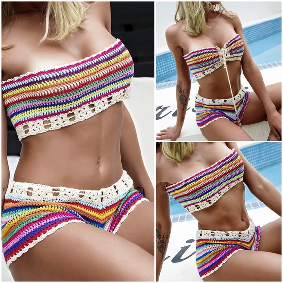 Boho Crochet Tie Up Bikini Two Piece Swim Suit - Picture 5 of 8